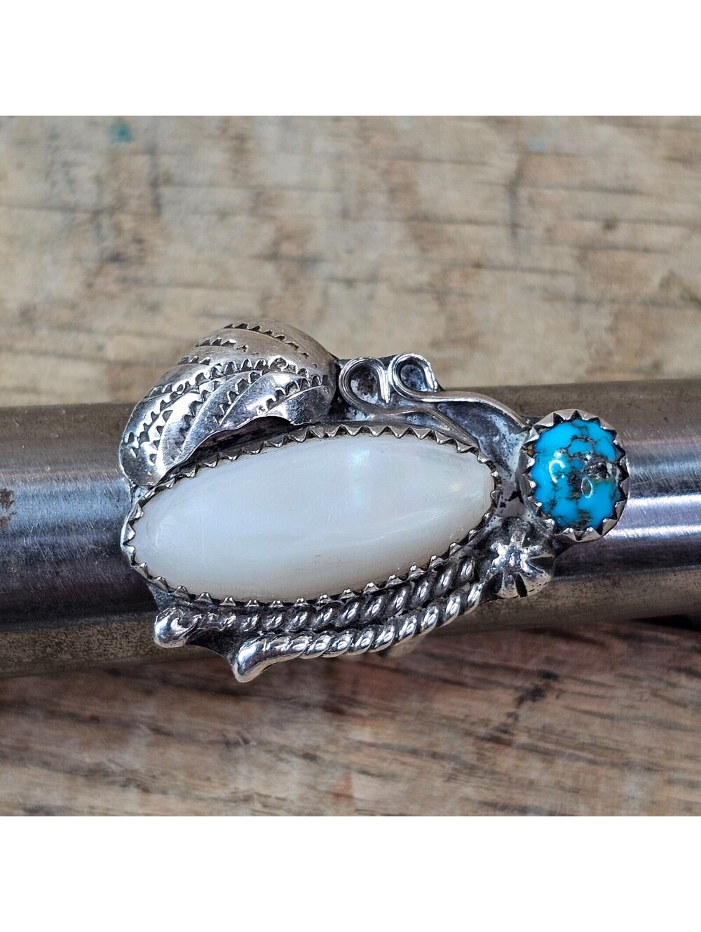 Vintage Sterling Silver Mother of Pearl Turquoise Ring Sz 4 Navajo Southwest